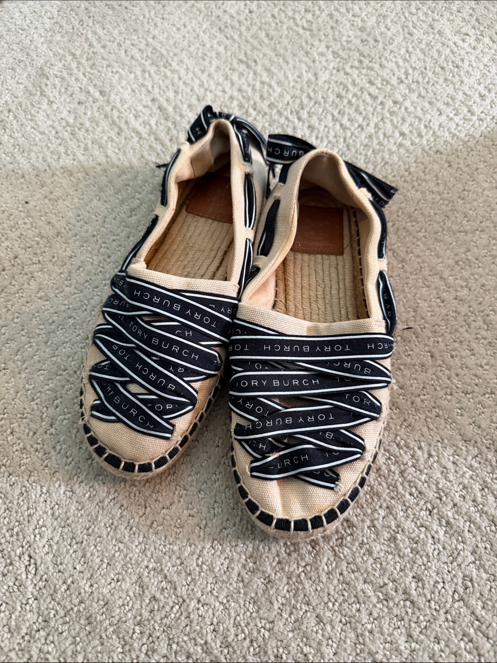 Tory Burch Beige Canvas Espadrilles with Black Logo Ribbon